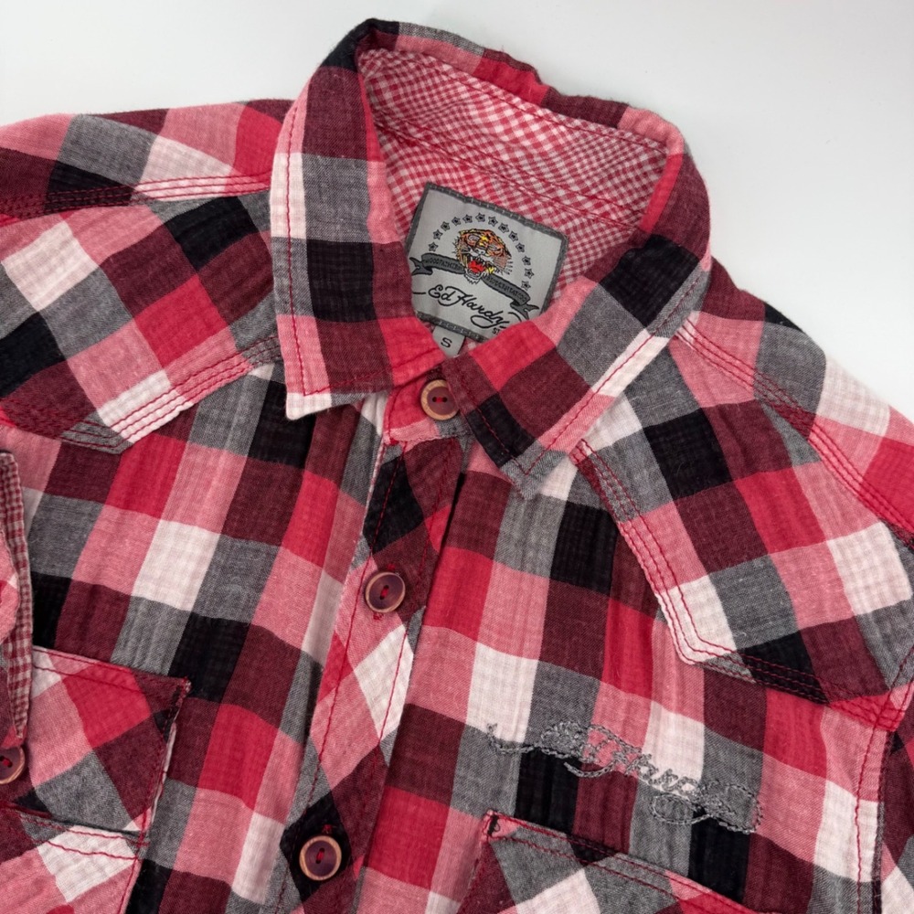Ed Hardy Button Down Shirt Mens Small‎ Red Plaid Rhinestone Skull Snake Graphic